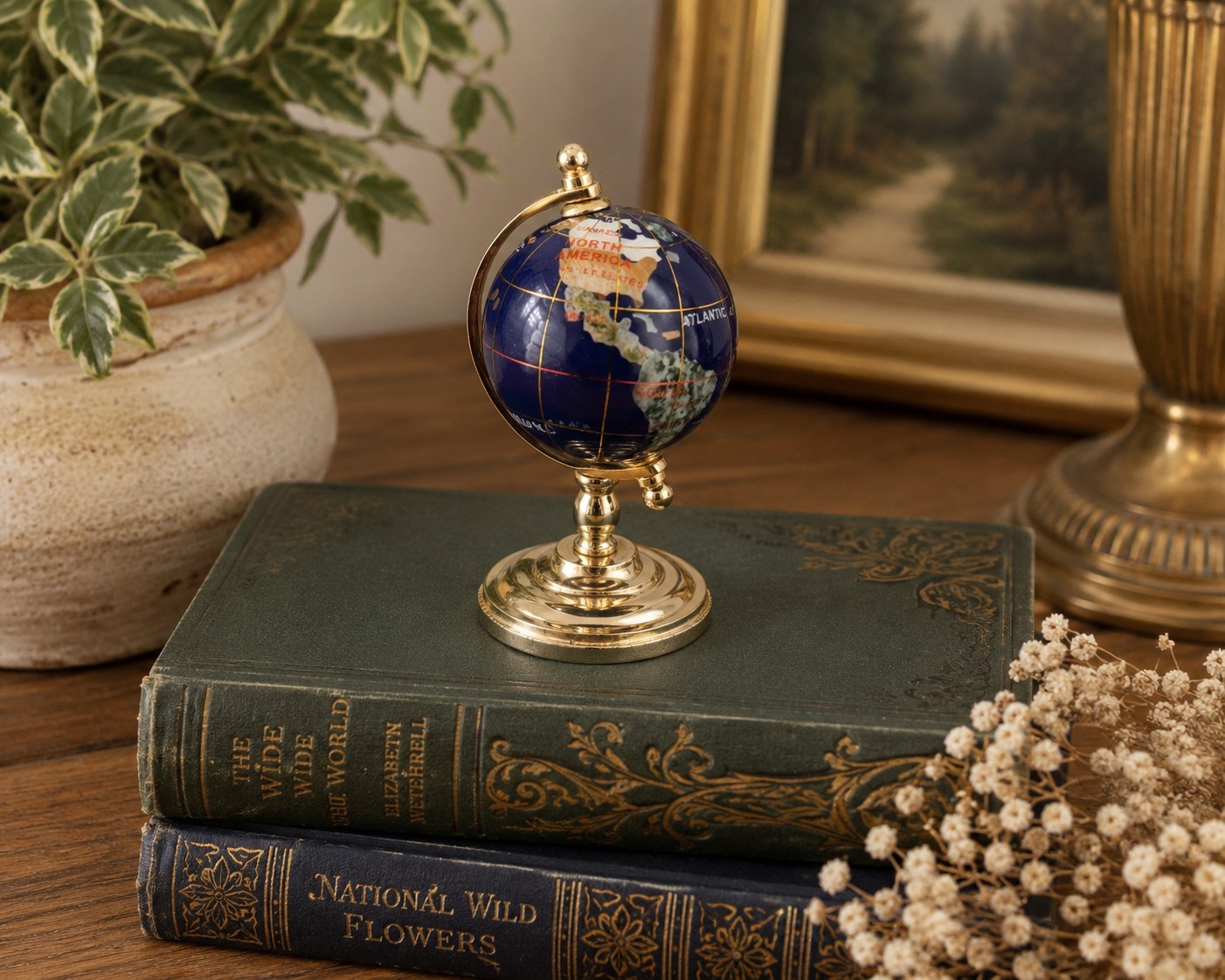 Mini Lapis Gemstone World Globe 4" Brass Stand Inlaid Stone Desk Decor Vintage