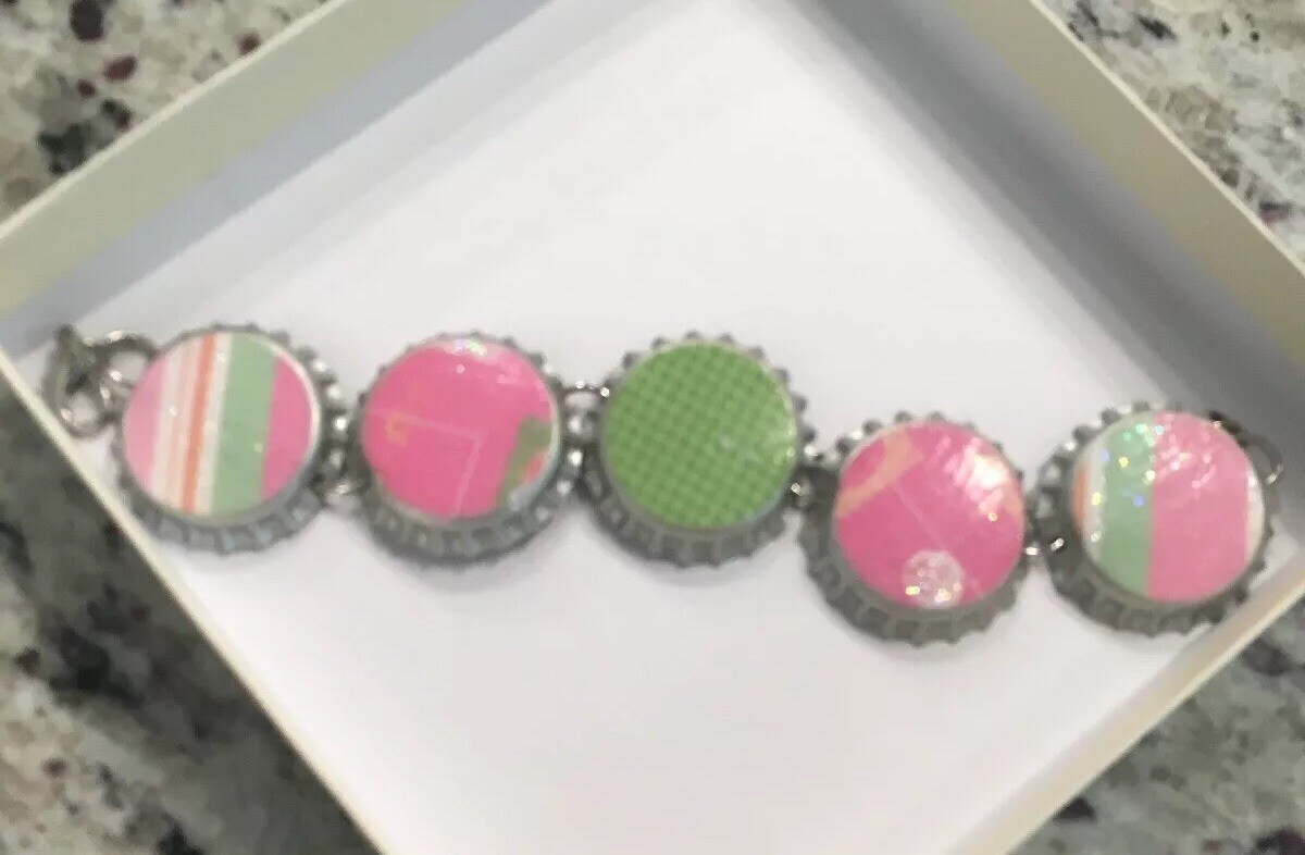 Pink Green & White Handmade  BOTTLECAP BRACELET  Handcrafted nice must have gift