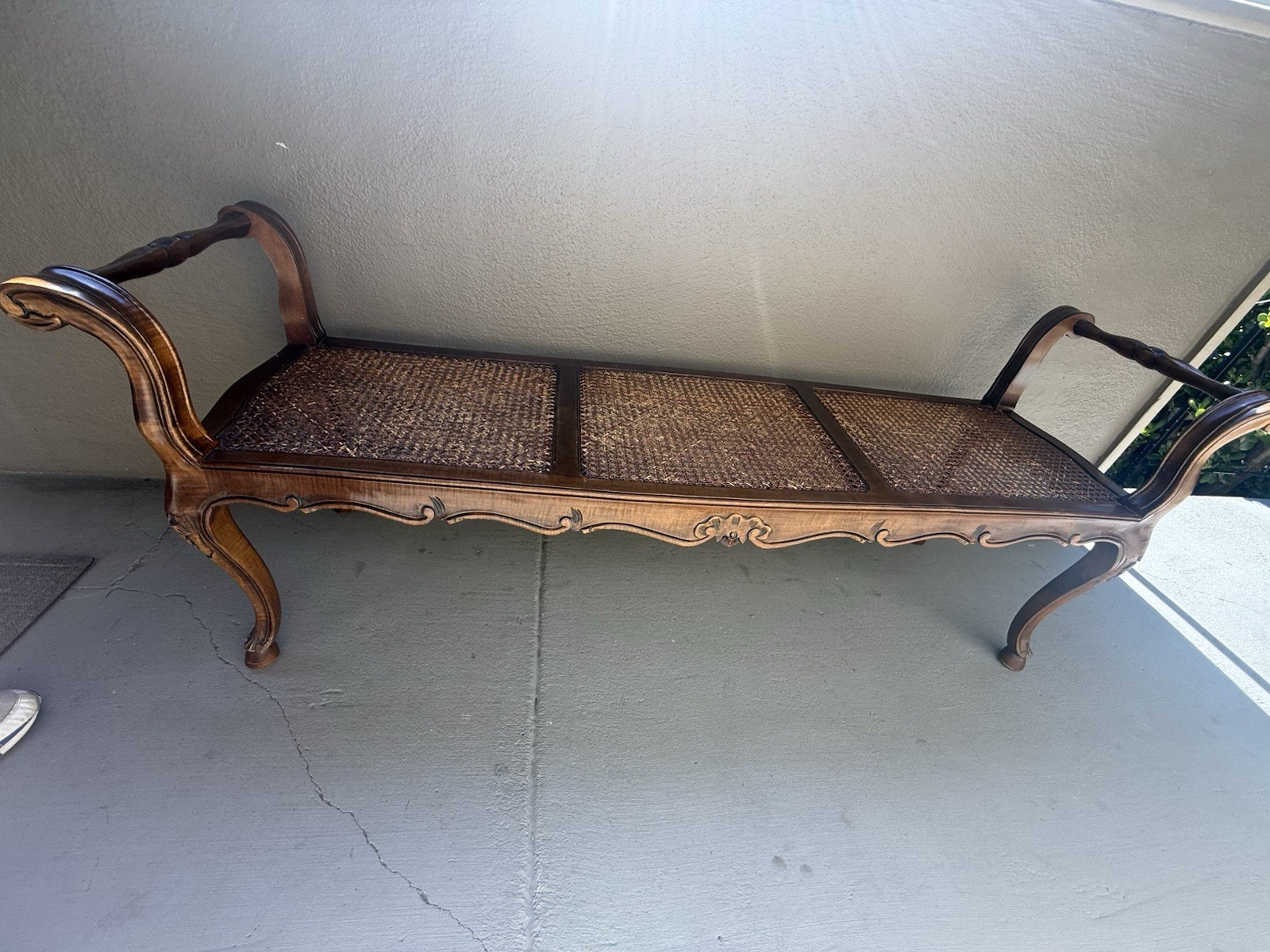 Vintage Antique Italian Country Cane Bench Rolled Arms Provincial Louis XV Style
