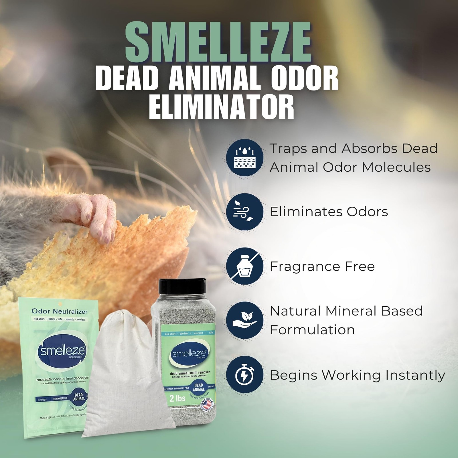 SMELLEZE Ultimate Odor Removal Bundle – 2 lb. Granules + 1 Reusable Pouch