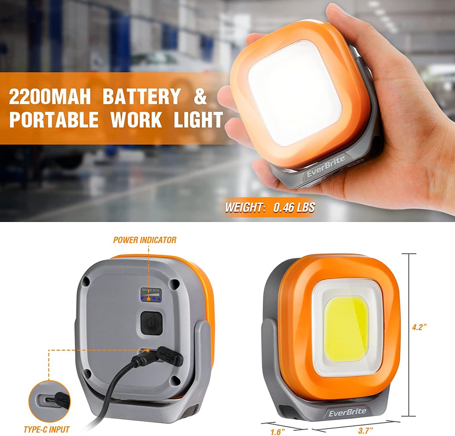EverBrite Rechargeable Work Light Portable/COB LED Work Light 1000 Lumens 3Modes