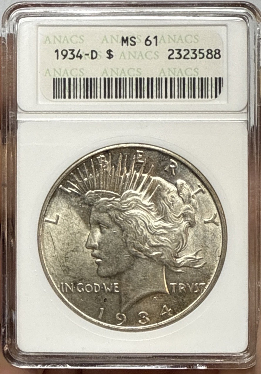 1934-D Peace Silver Dollar MS61 ANACS Old Soapbox Holder!