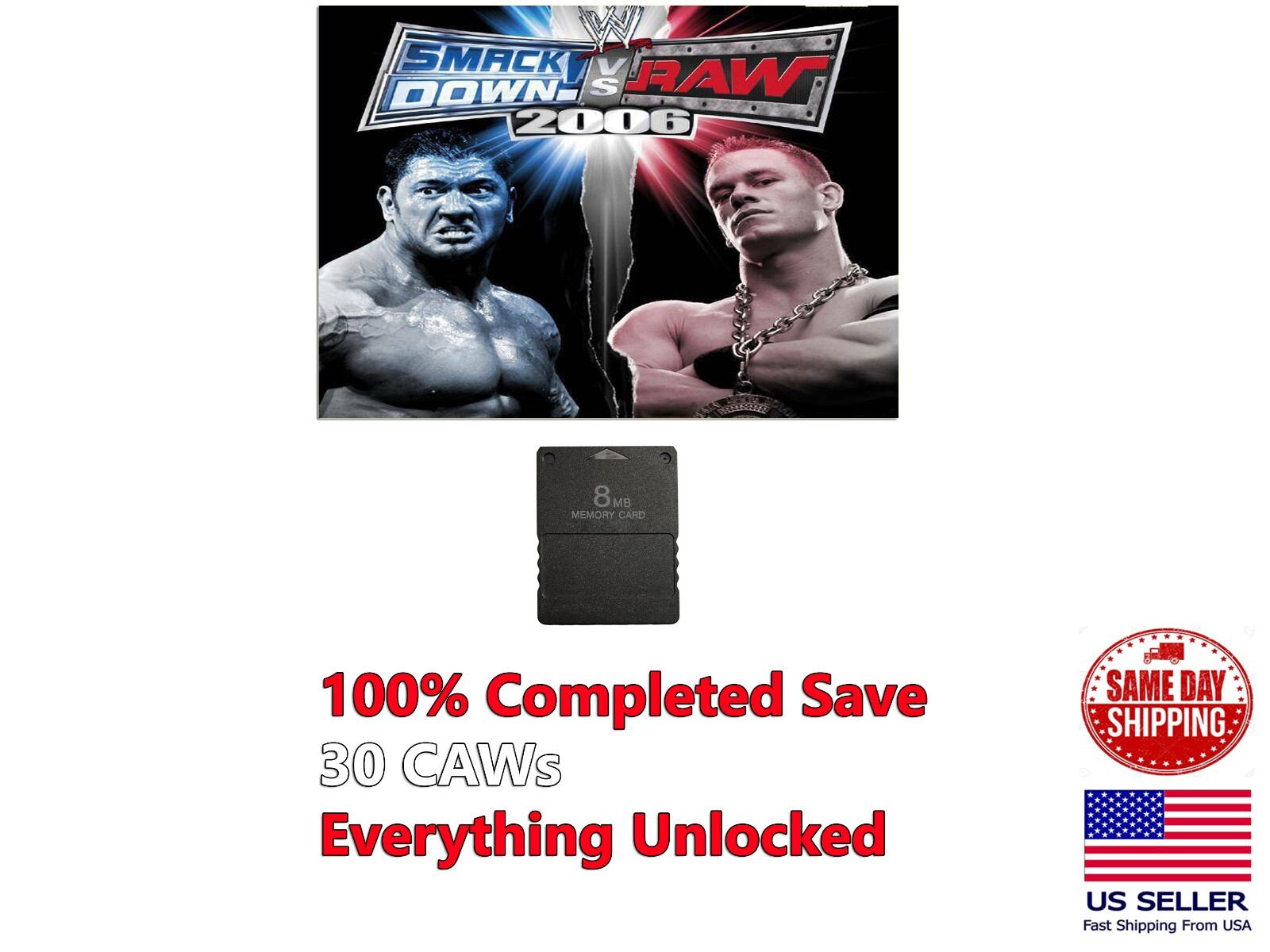 WWE Smackdown! vs Raw 2006 PlayStation 2 PS2 Memory Card 30 CAWs Unlocked Save