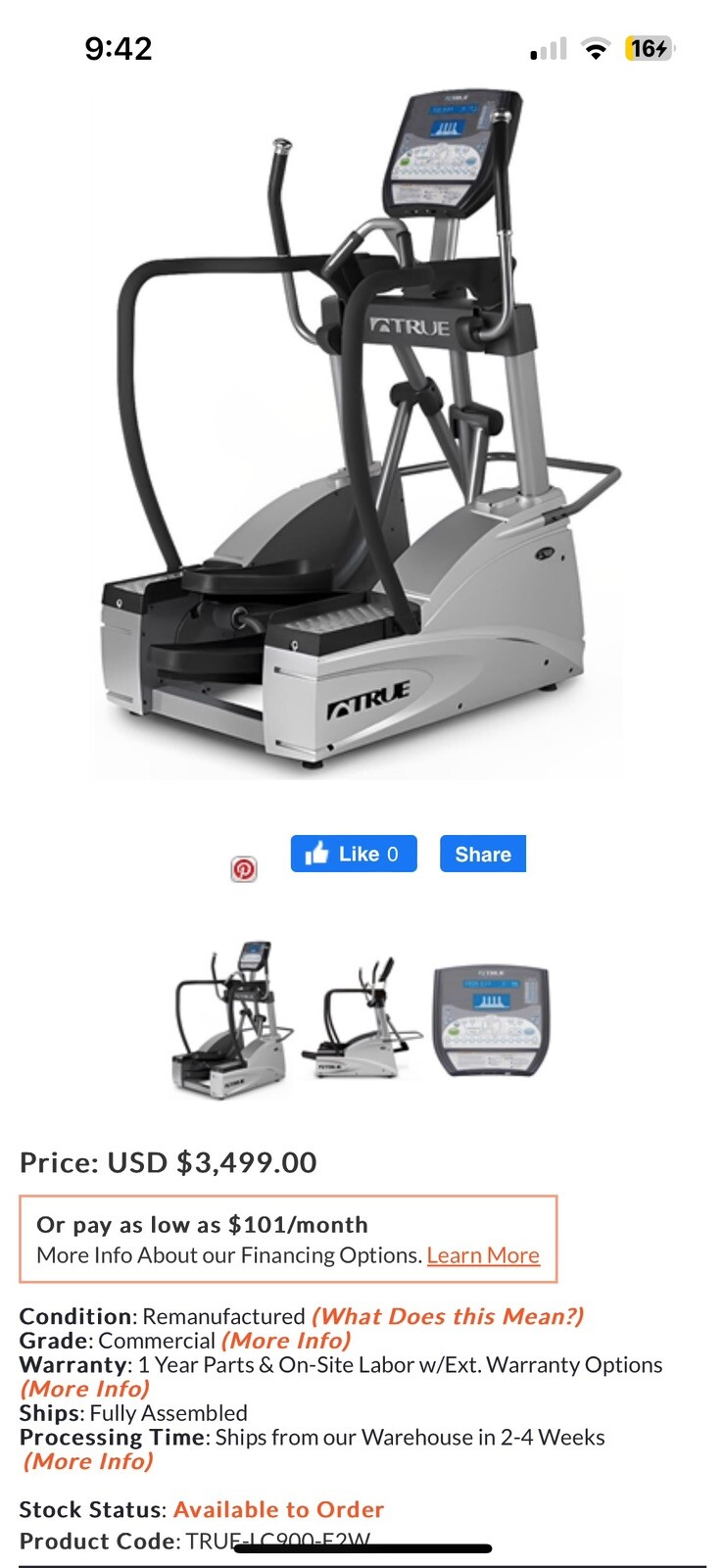 true fitness elliptical JC900E2W