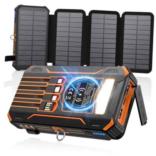 Solar Charger Power Bank - 48000mAh Wireless Portable Charger Built-in Orange