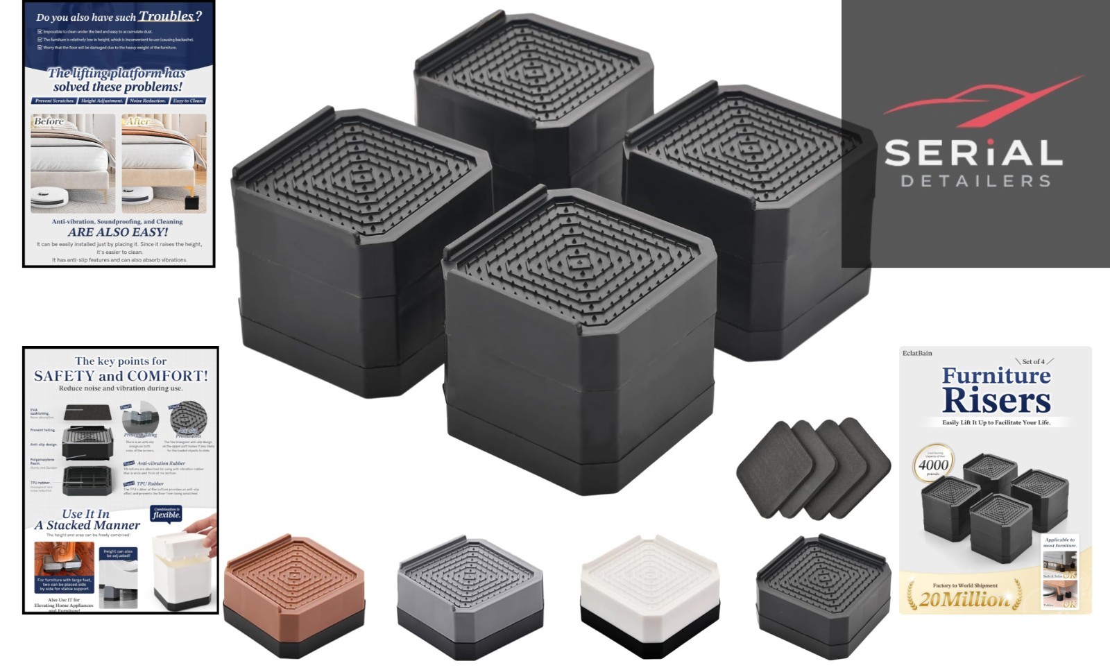 Furniture Risers - Stackable Bed Elevators Support 4000 lbs for Home