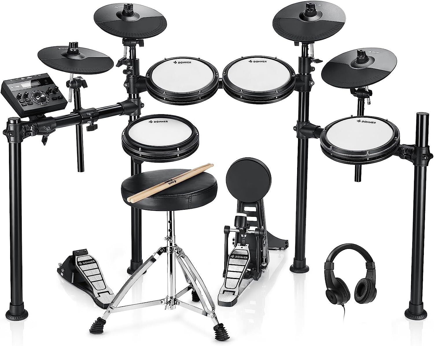 Donner DED-200X Electric Drum Set Dual Zone Snare With Throne Headphones