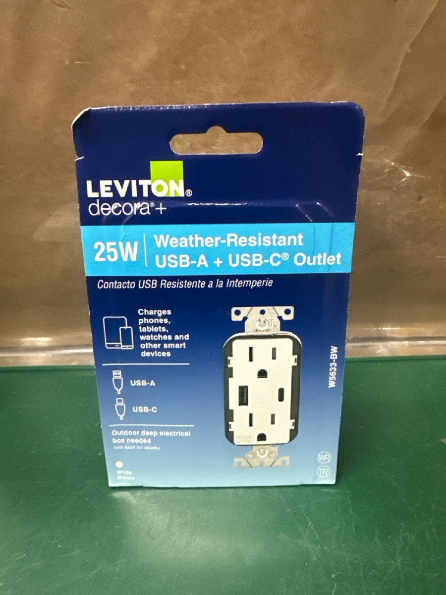 Leviton Decora+ W5633-BW 25W Weather-Resistant USB-A + USB-C Outlet (E10044545)
