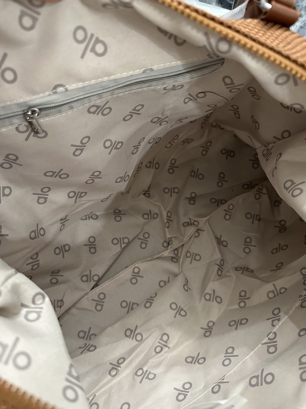 alo Brown Grip tote bag zip Button Closure Adjustable Strap Logo