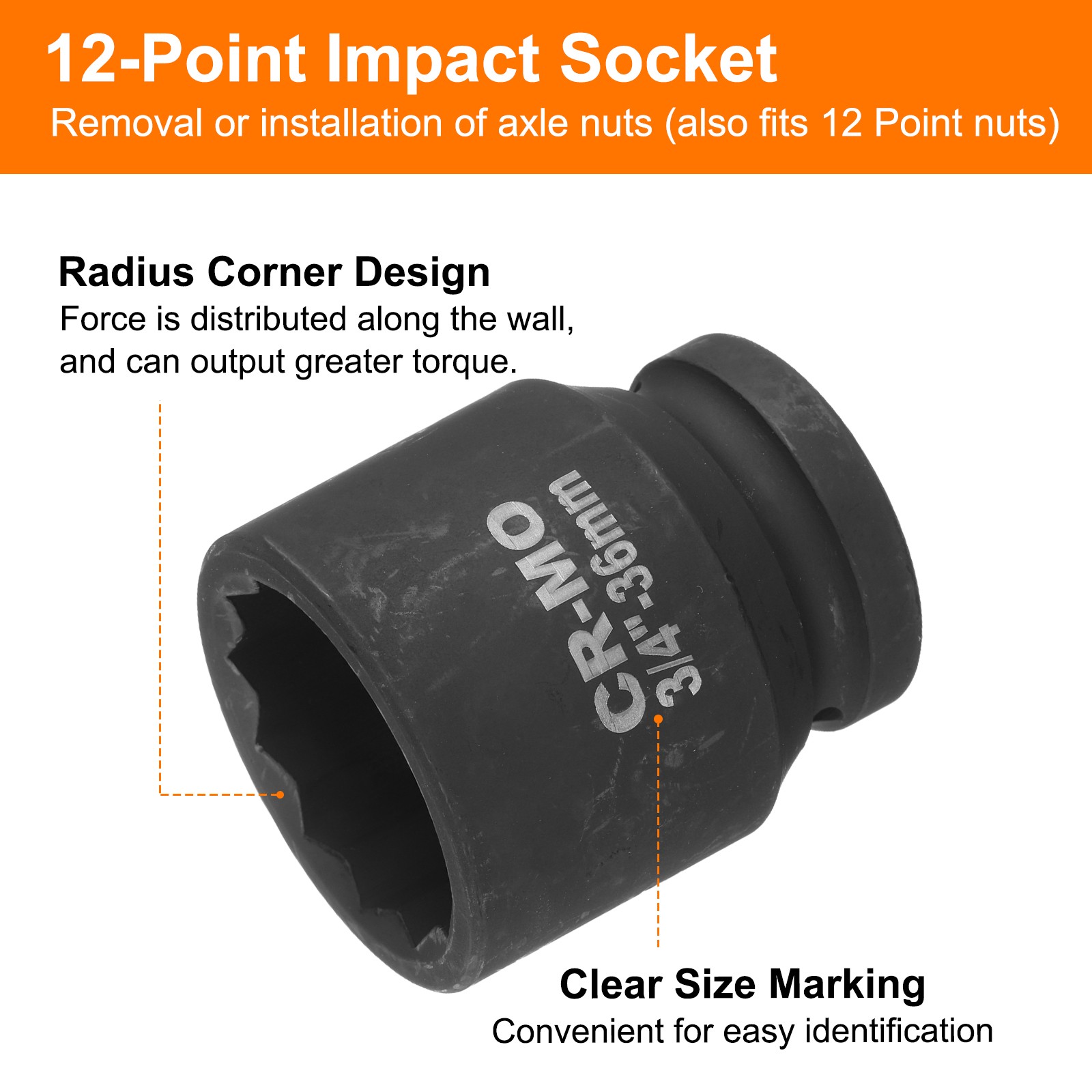 3/4-Inch Drive 12 Point Impact Socket 36mm Spindle Axle Nut Socket Driver