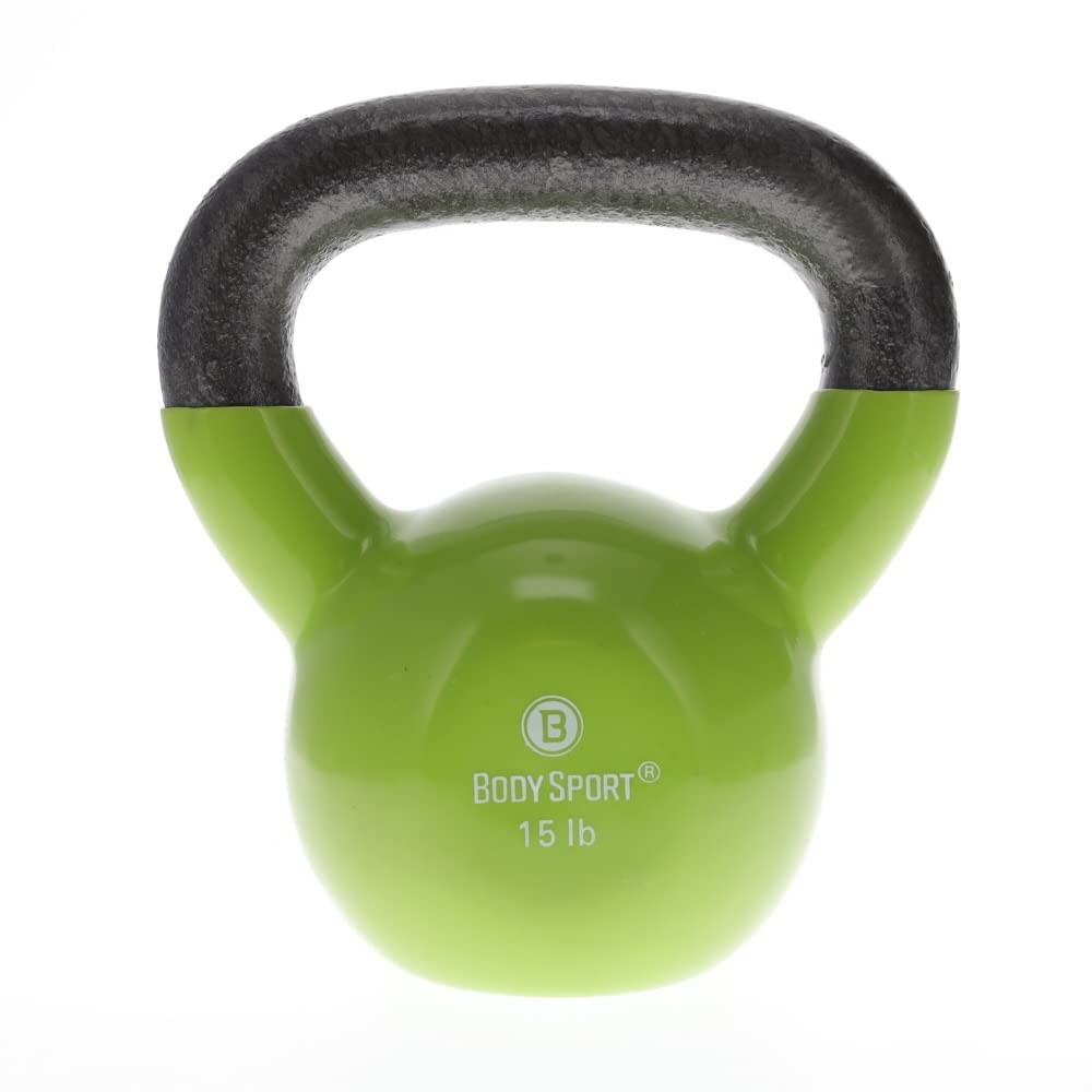 Cast Iron Vinyl Coated Kettlebells 15 lb. Light Green – Kettlebell for Weight...