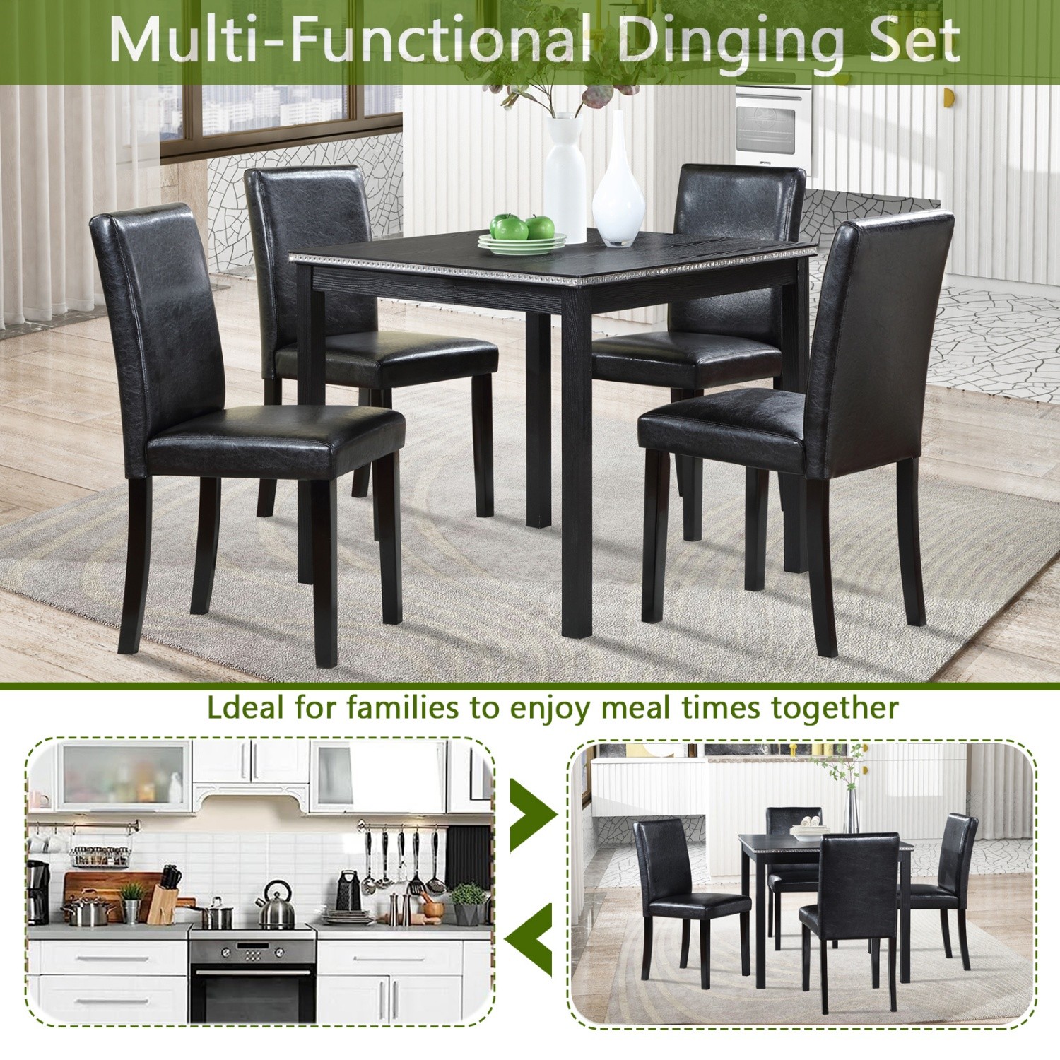 5 Piece Dining Table Set Wood Square Dining Table & 4 PU Upholstered Chair Black