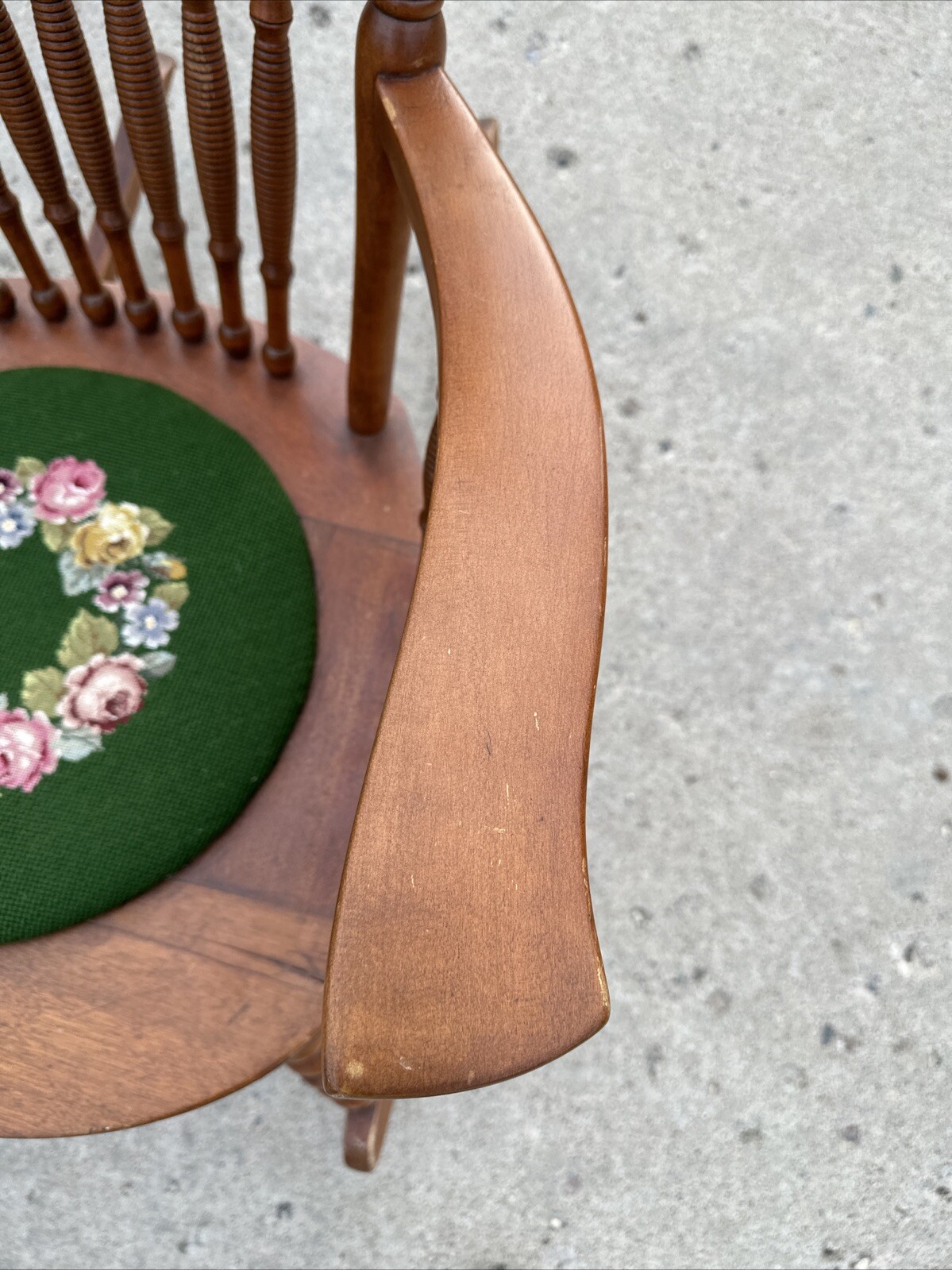 Vintage Victorian Rustic Maple Wood Spindle Back Needlepoint Seat Rocking Chair