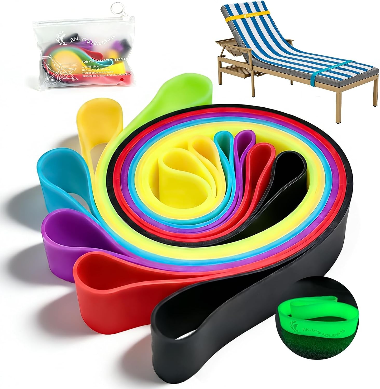 6-Pack Beach Towel Bands for Cruise Chairs, 3 Glow in The Dark & 3 Solid