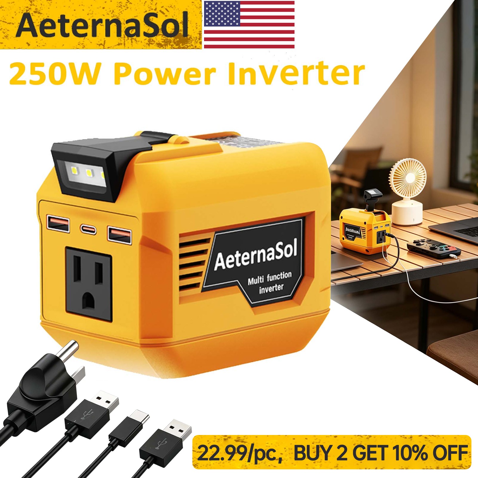 250W Power Inverter for Dewalt 20V Battery AC 110V Outlet USB Portable Camping