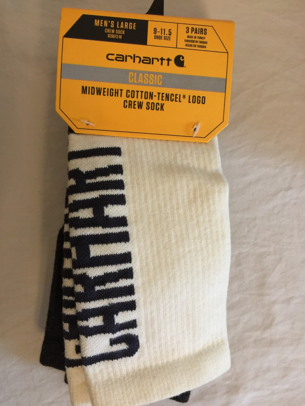 NWT Carhartt Sock Large 9-11.5 3 Pair Classic Black White Gry Midweight Crew Men