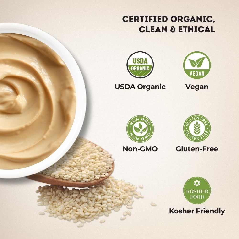 Organic Tahini Paste 16 oz (1lb) - Smooth Tahini Organic from Hulled Sesame S...