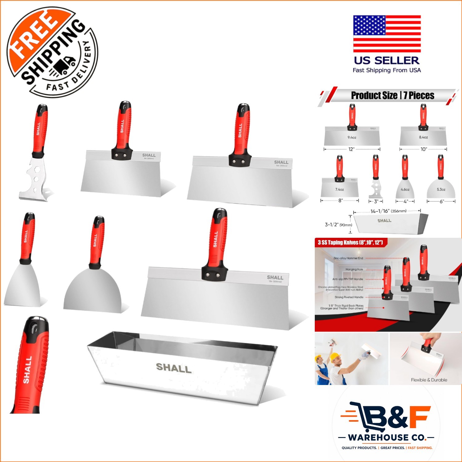 7-Piece Stainless Steel Drywall Tool Kit: Putty & Taping Knives with Mud Pan
