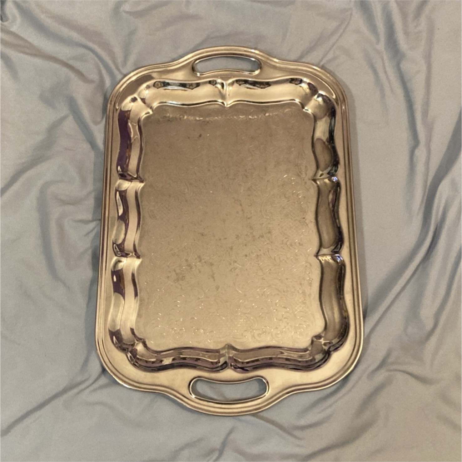 Silver-Plated Ornate Rectangular Serving Tray with Handles, 20 Inches