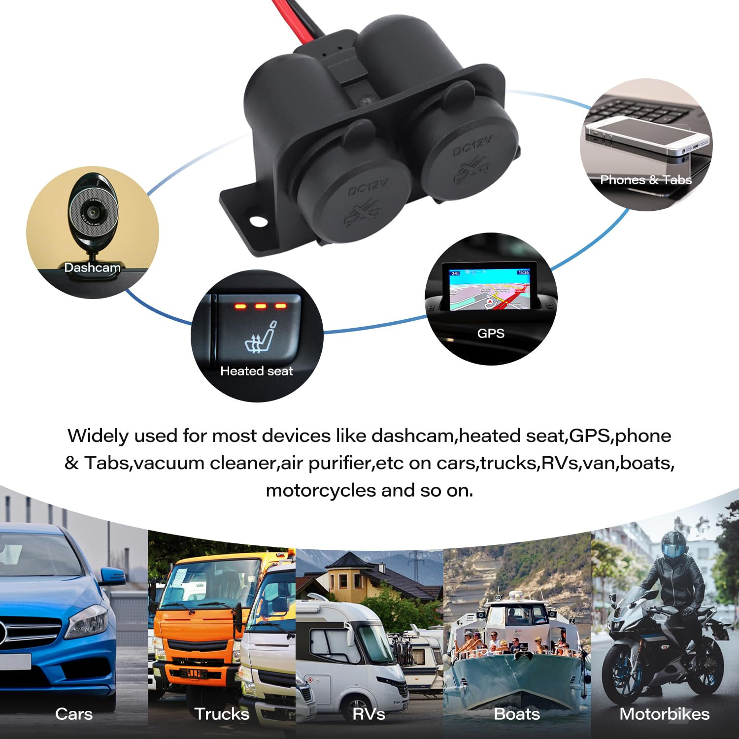 DC 12V Cigarette Lighter Socket with Blade Fuse 15A, 2 Socket Cigarette Lighter