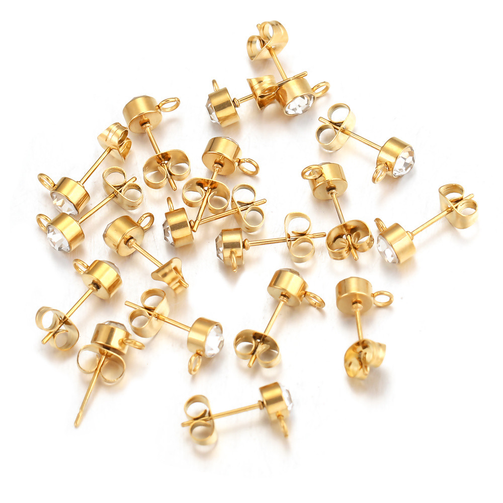 Stainless Steel Clear Rhinestone Earring Posts Gold Ear Studs with Loop 50pcs