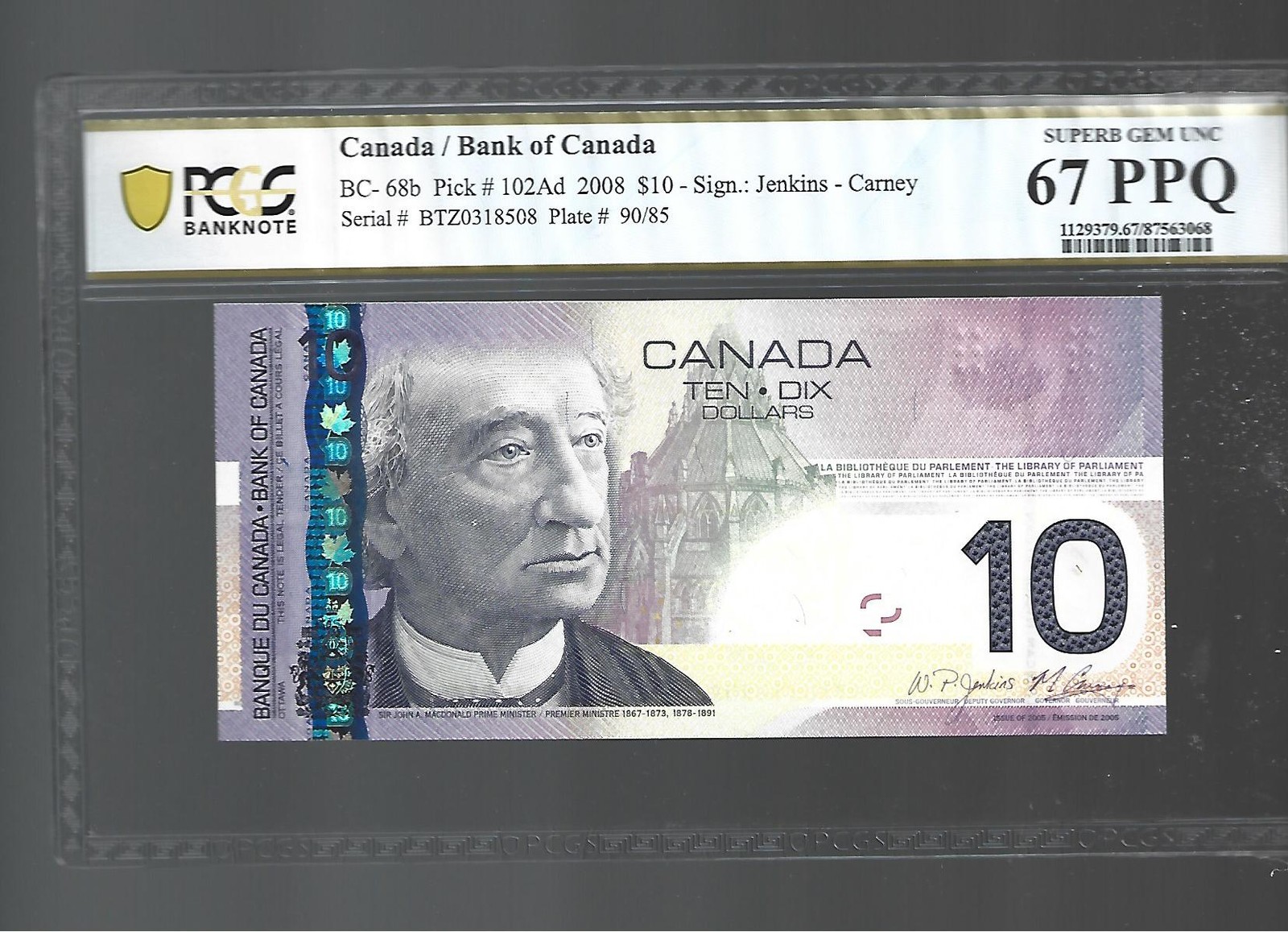Canada/Bank of Canada BC-68B Pick#102Ad 2008 $10 PCGS 67 PPQ
