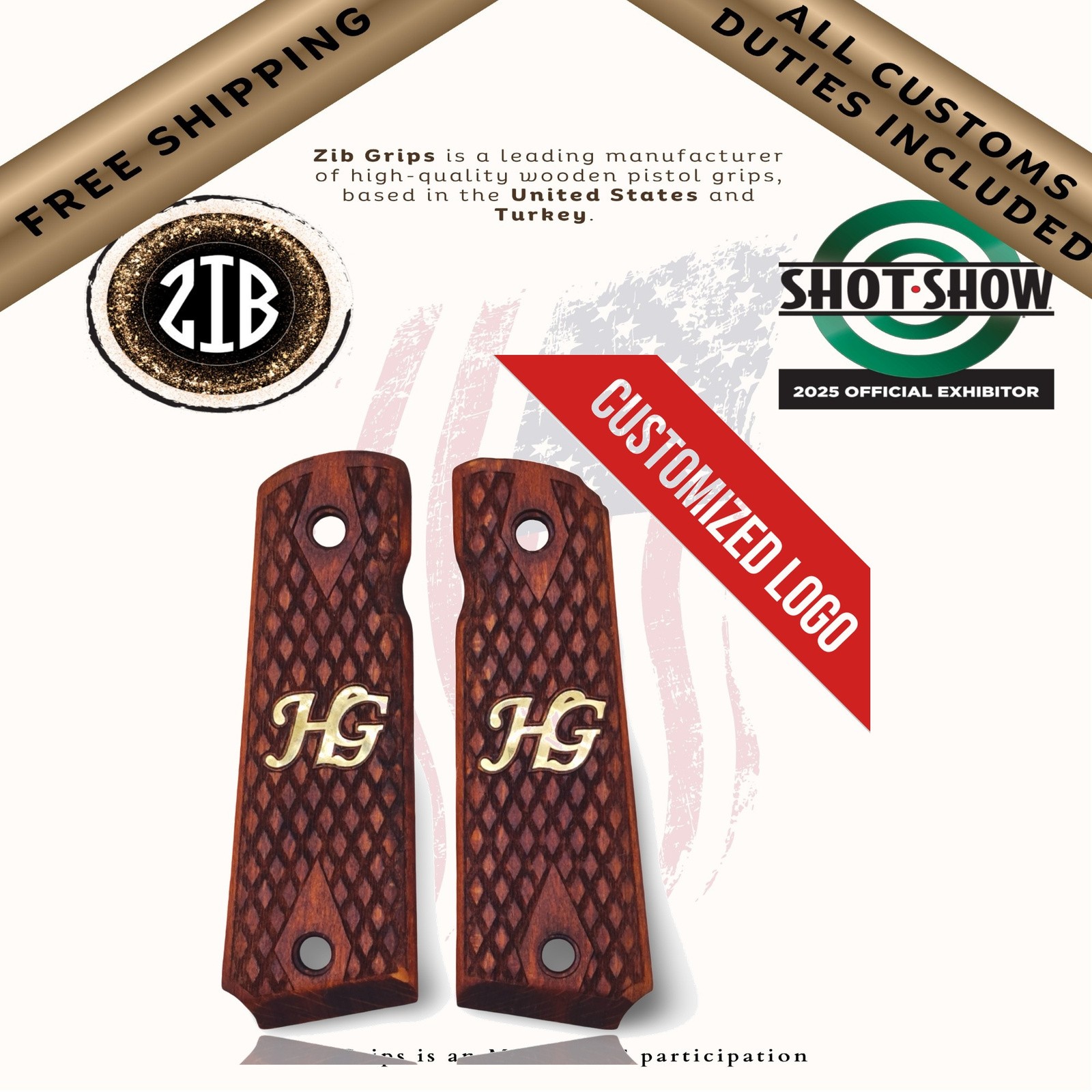 Zib Grips Wooden Series Pistol Grips for Colt 1911, Metal Medallion Logo