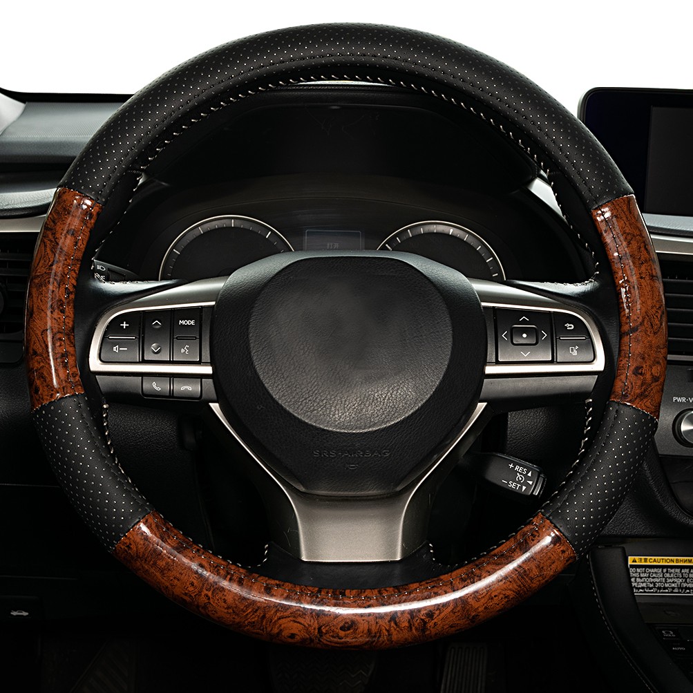 15'' Wood Grain Car Steering Wheel Cover Leather Anti-slip Accessories Black