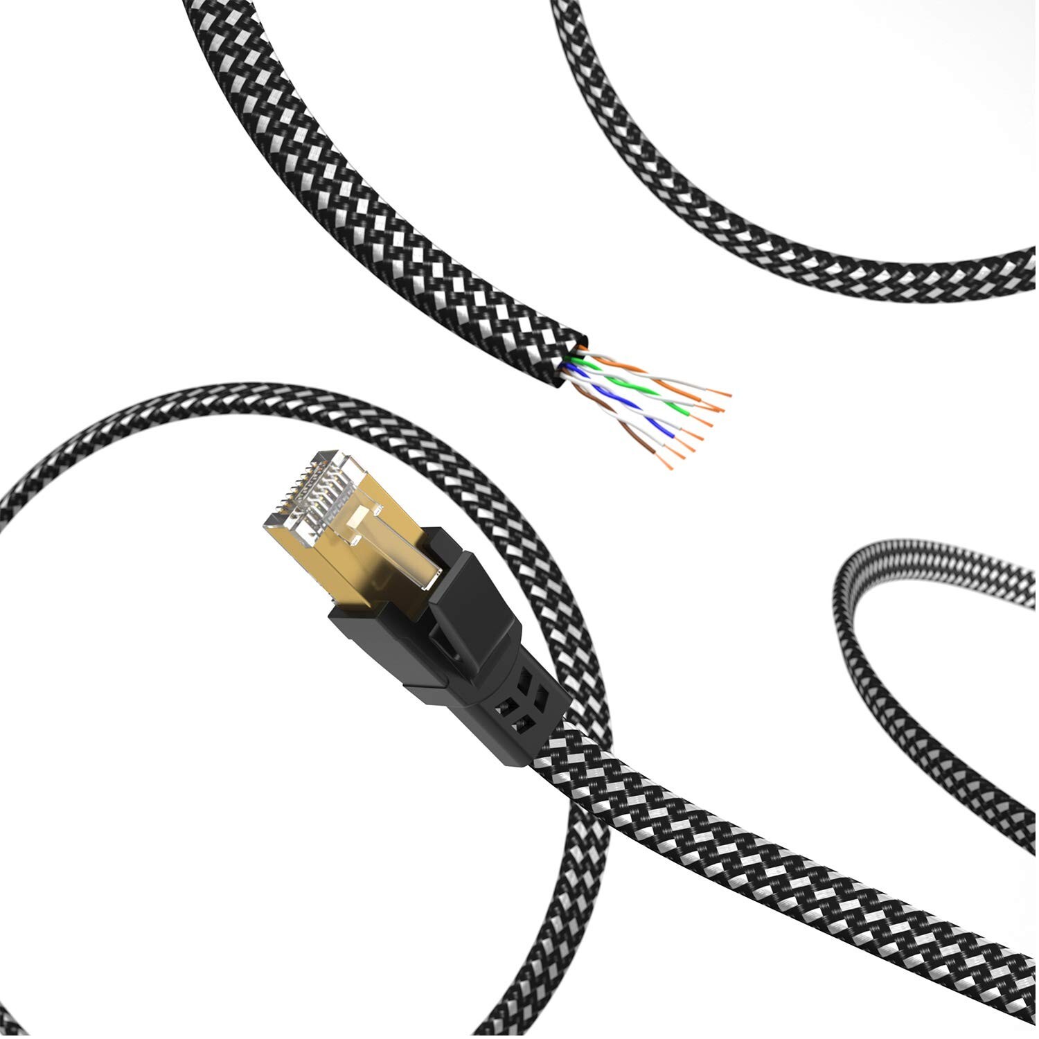 50ft Nylon Braided Ethernet Cable 40Gbps SFTP Shielded Flat for Gaming/PC