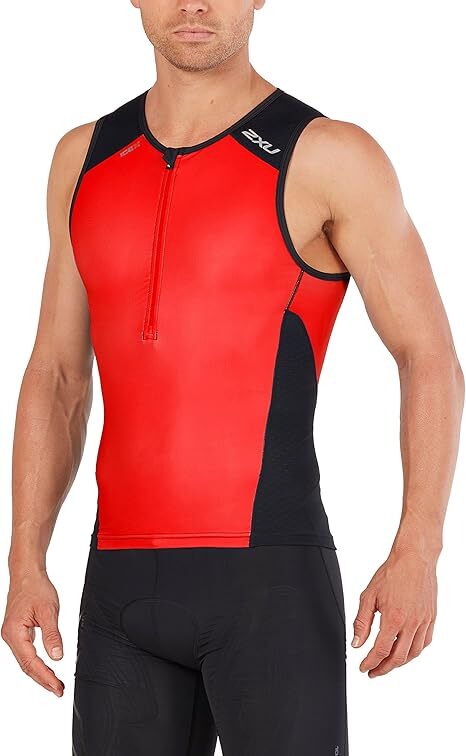 New 2XU Perform Front Zip Triathlon Singlet Men MEDIUM Black Red Tri Top