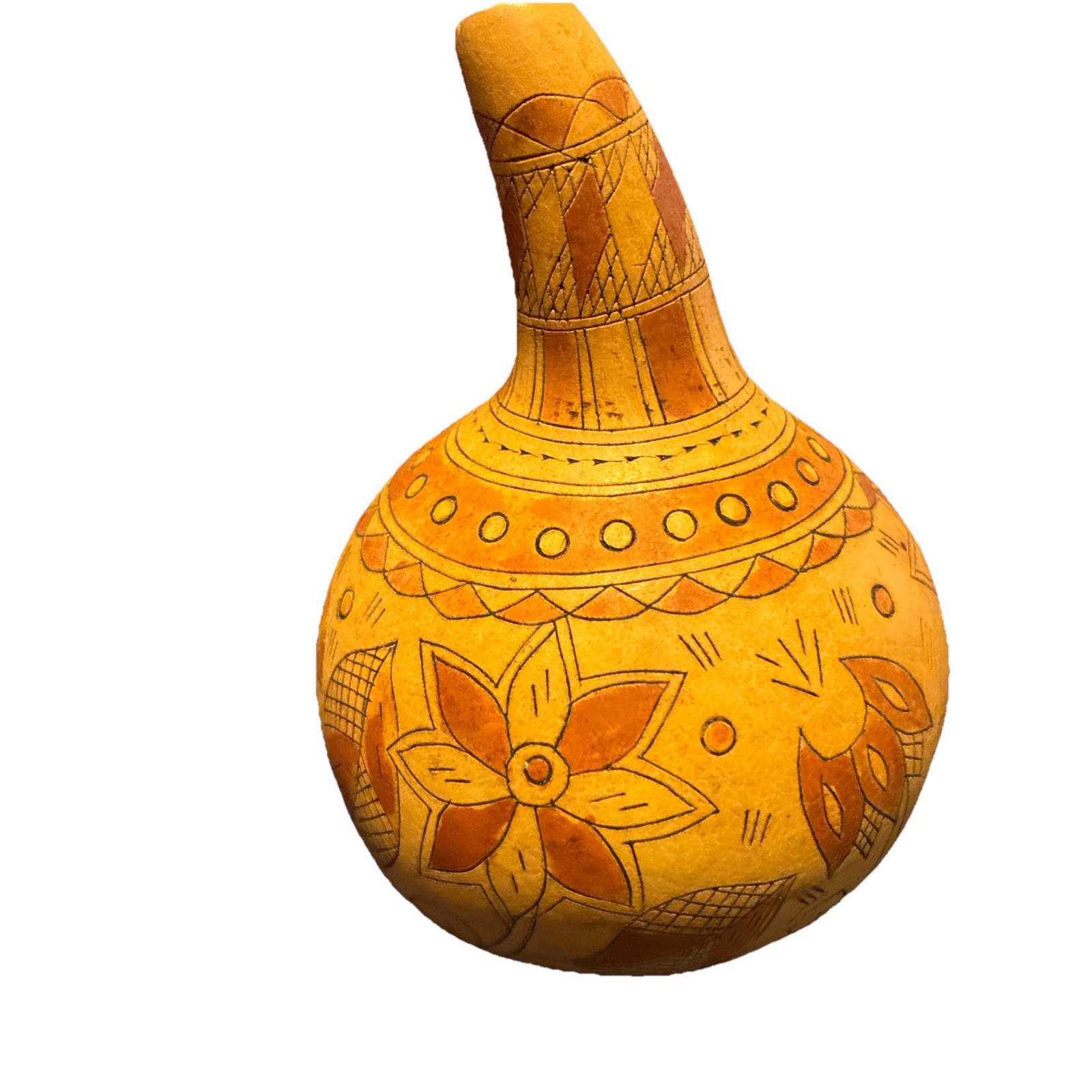 Vtg Peruvian Etched Gourd Vessel 5”