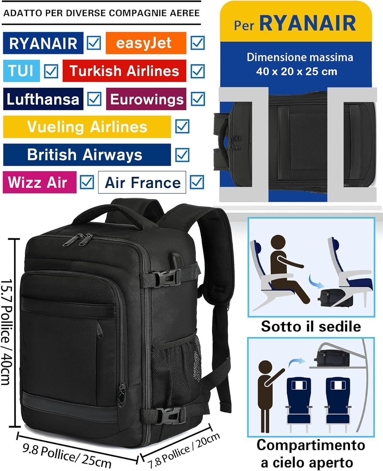 Zaino Ryanair 40X20X25 Zaino Da Viaggio Aereo Bagaglio a Mano 20L Borsa Da Cabin