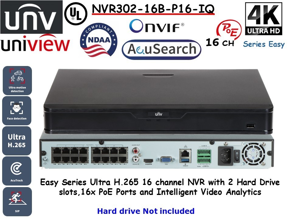 UNV Uniview NVR302-16B-P16-IQ Easy Series Ultra H.265 16CH NVR 16x PoE ONVIF IA
