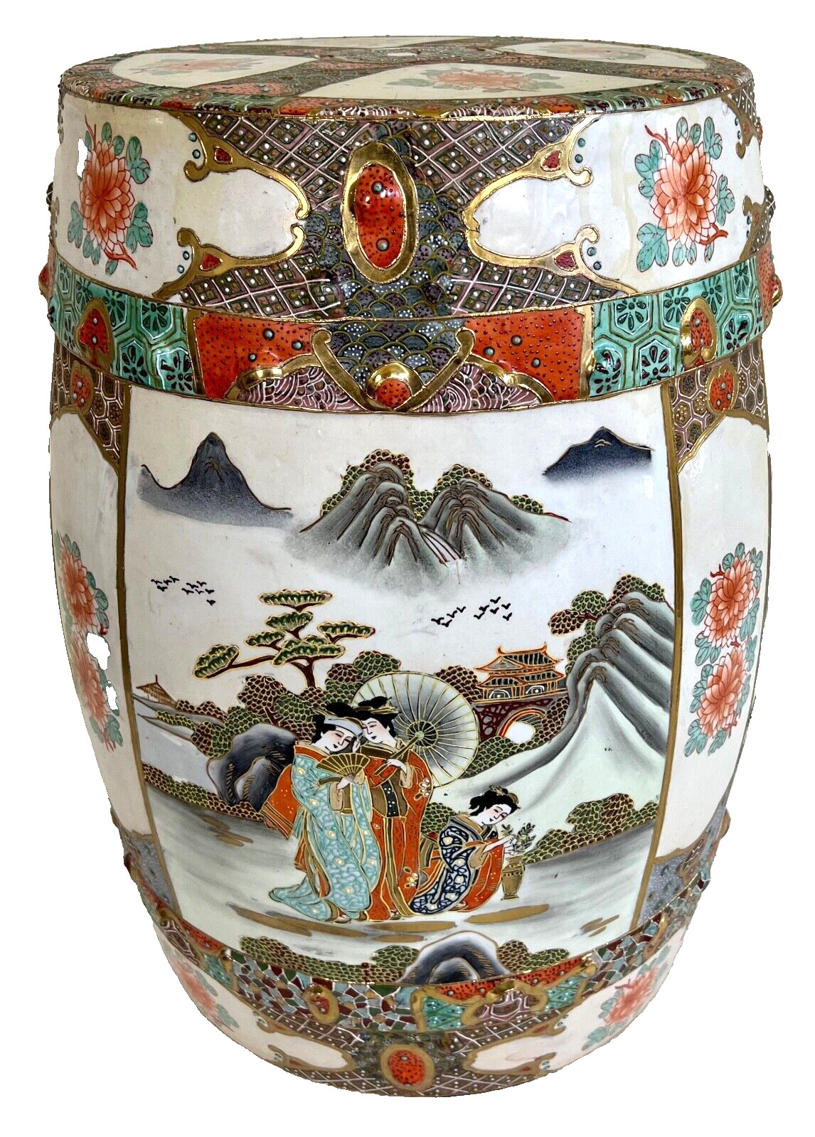 Mid-Century Japanese Satsuma Porcelain Hand Painted and Gilt Garden Stool