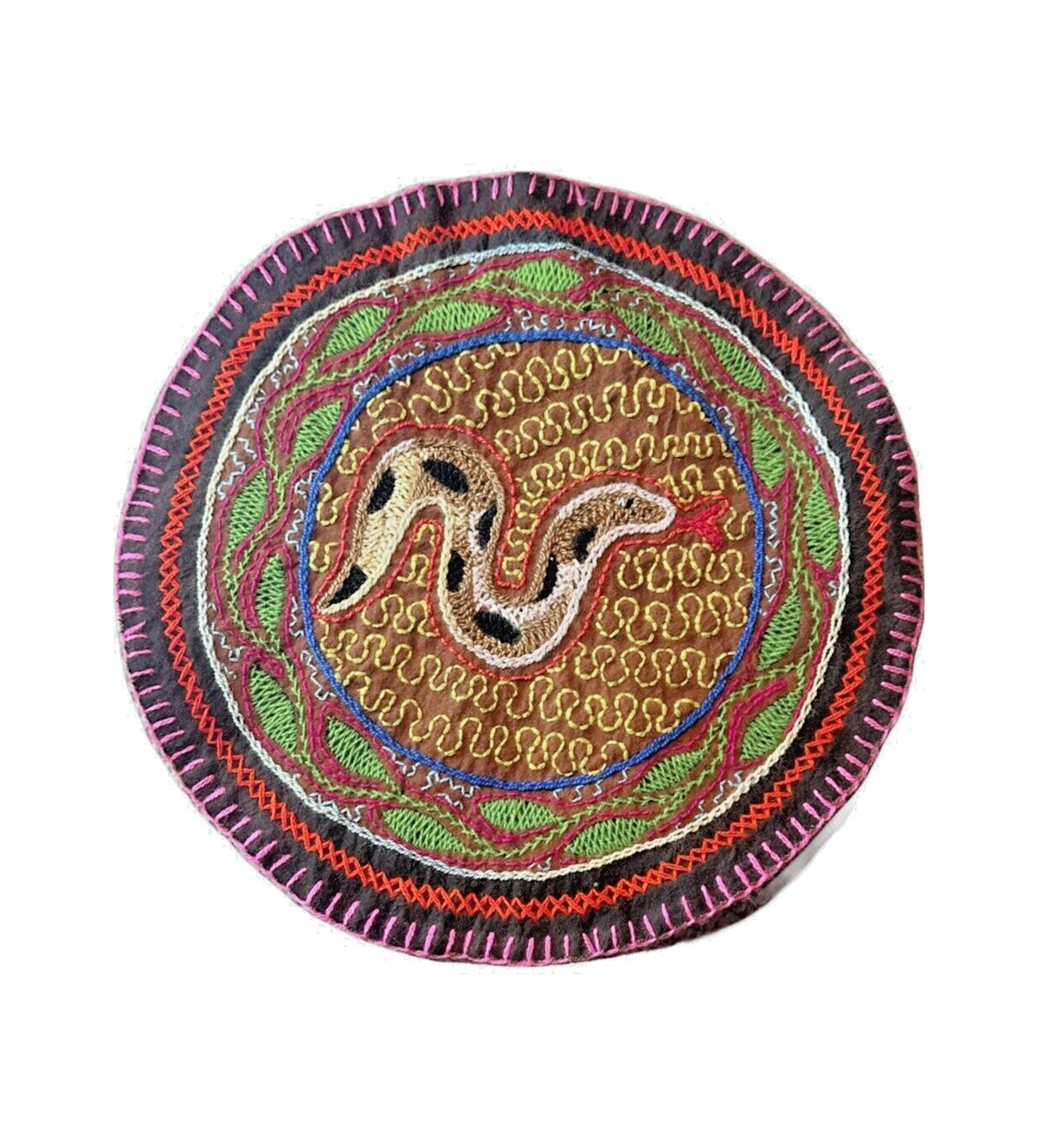Shipibo Hand Embroidered Round Patch | Snake | 10.5" (27 cm) Diameter