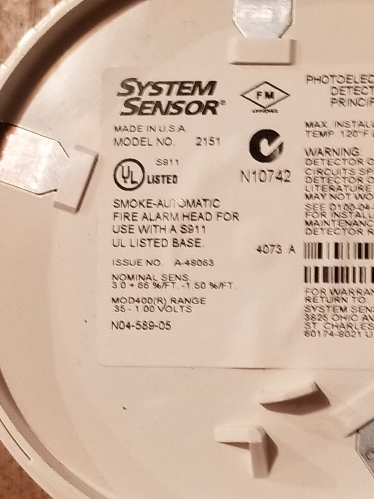 System Sensor ~ 2151 ~ Photoelectric Smoke Detector Head