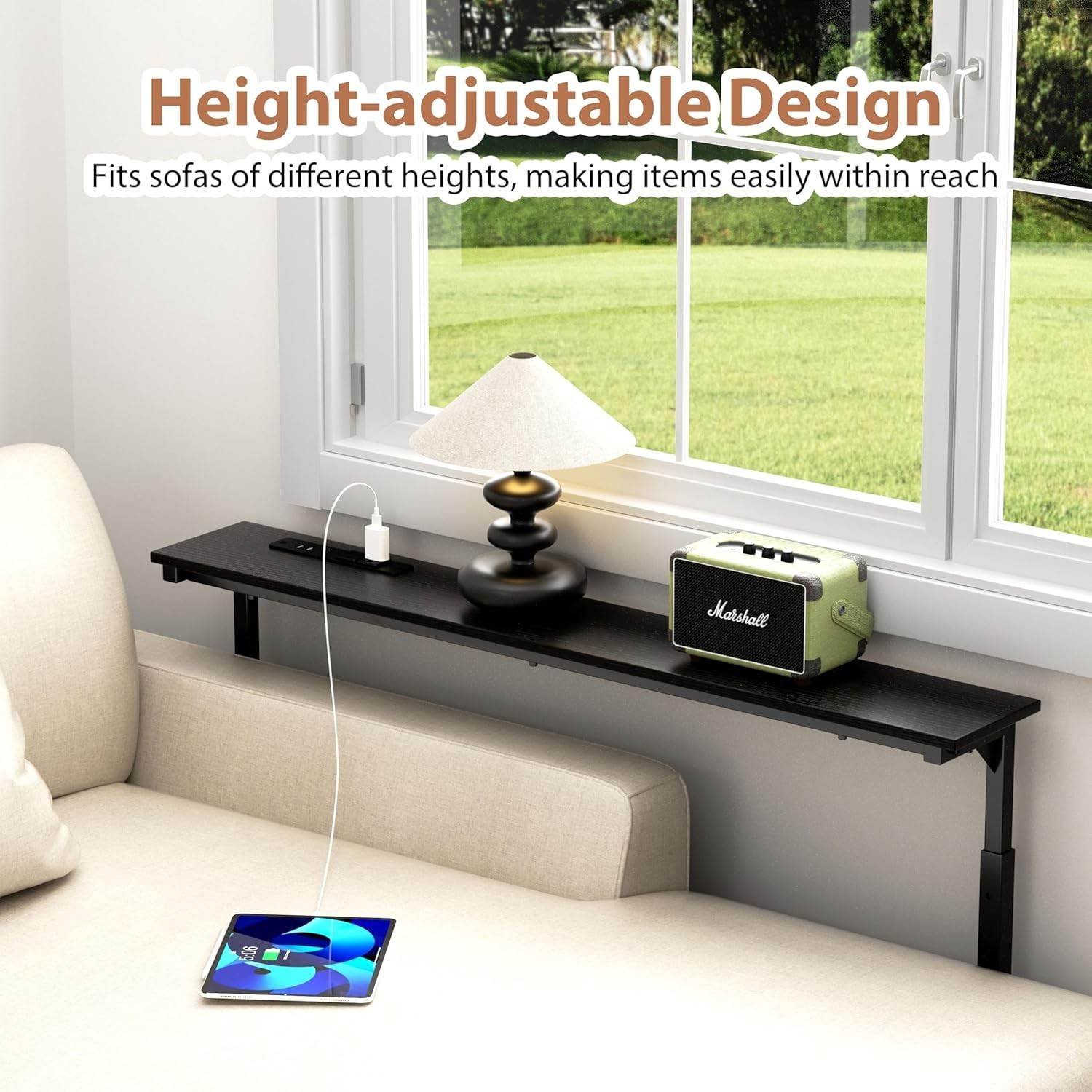 45" Adjustable Height Narrow Console Table W/ Power Outlets Long Sofa Table