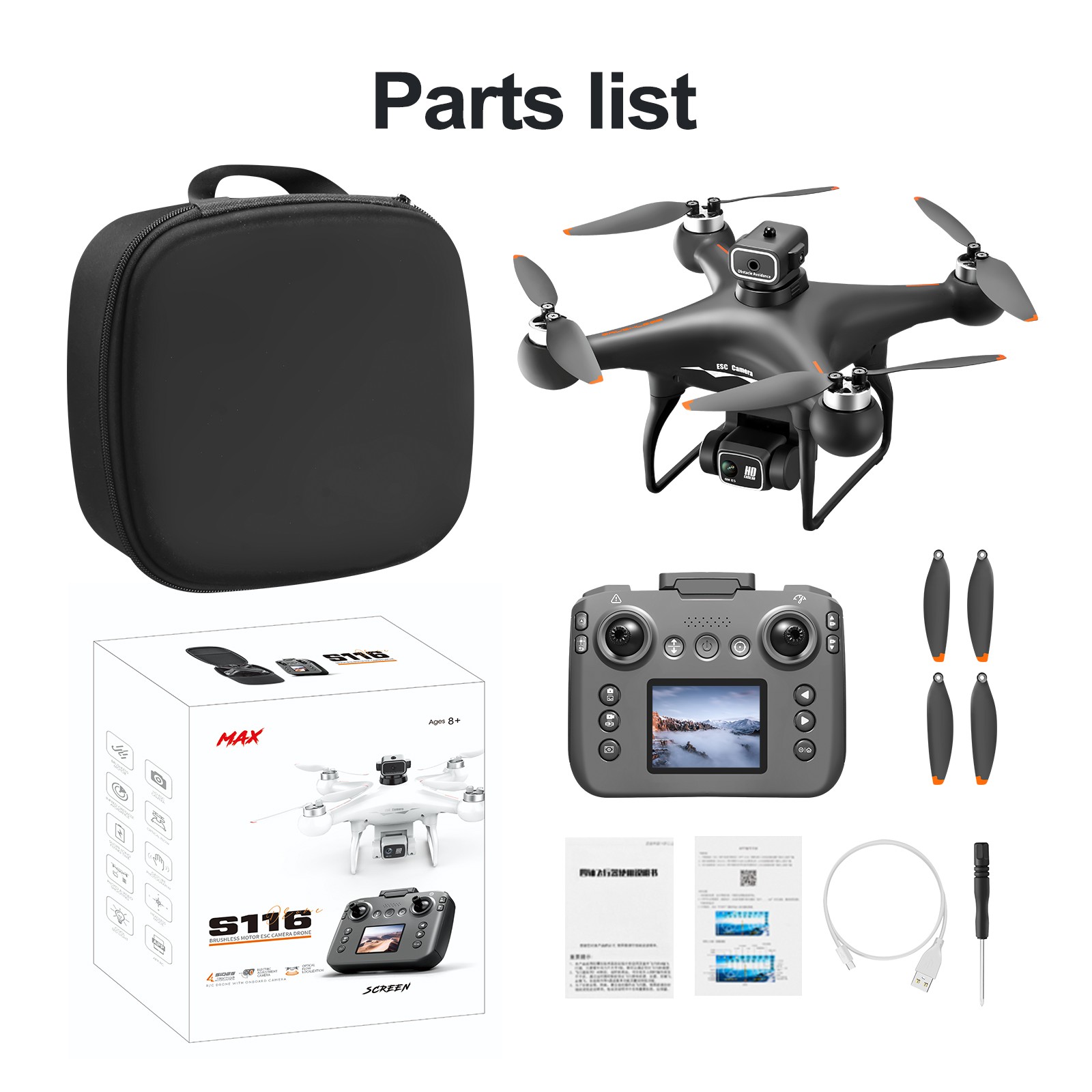 S116 GPS Drone with Screen Controller, Two-Batteries, Brushless Motor, Altitude