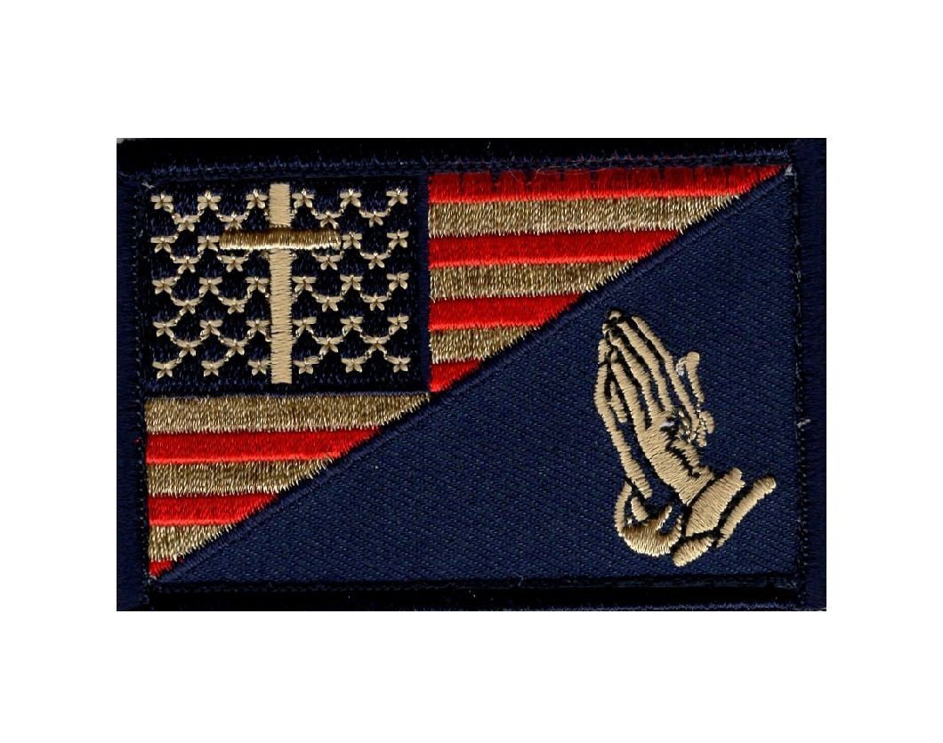 Praying Hand Cross Usa Flag Subdued in God Christian iron on sew on Patch (MTP1)