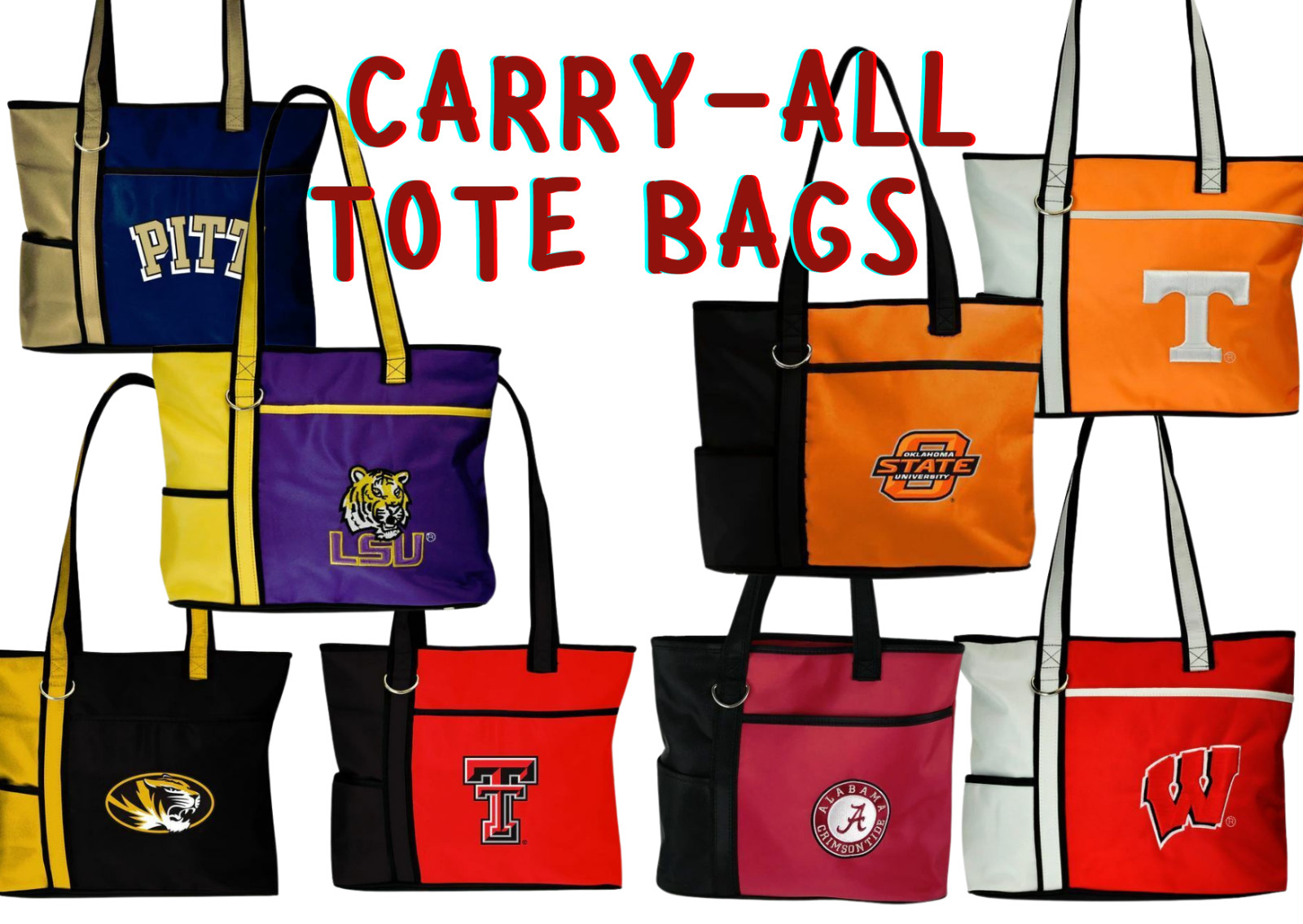 NCAA Tote Bag - Embroidered Logo Alabama LSU Ole Miss Texas Tech Tigers Vols