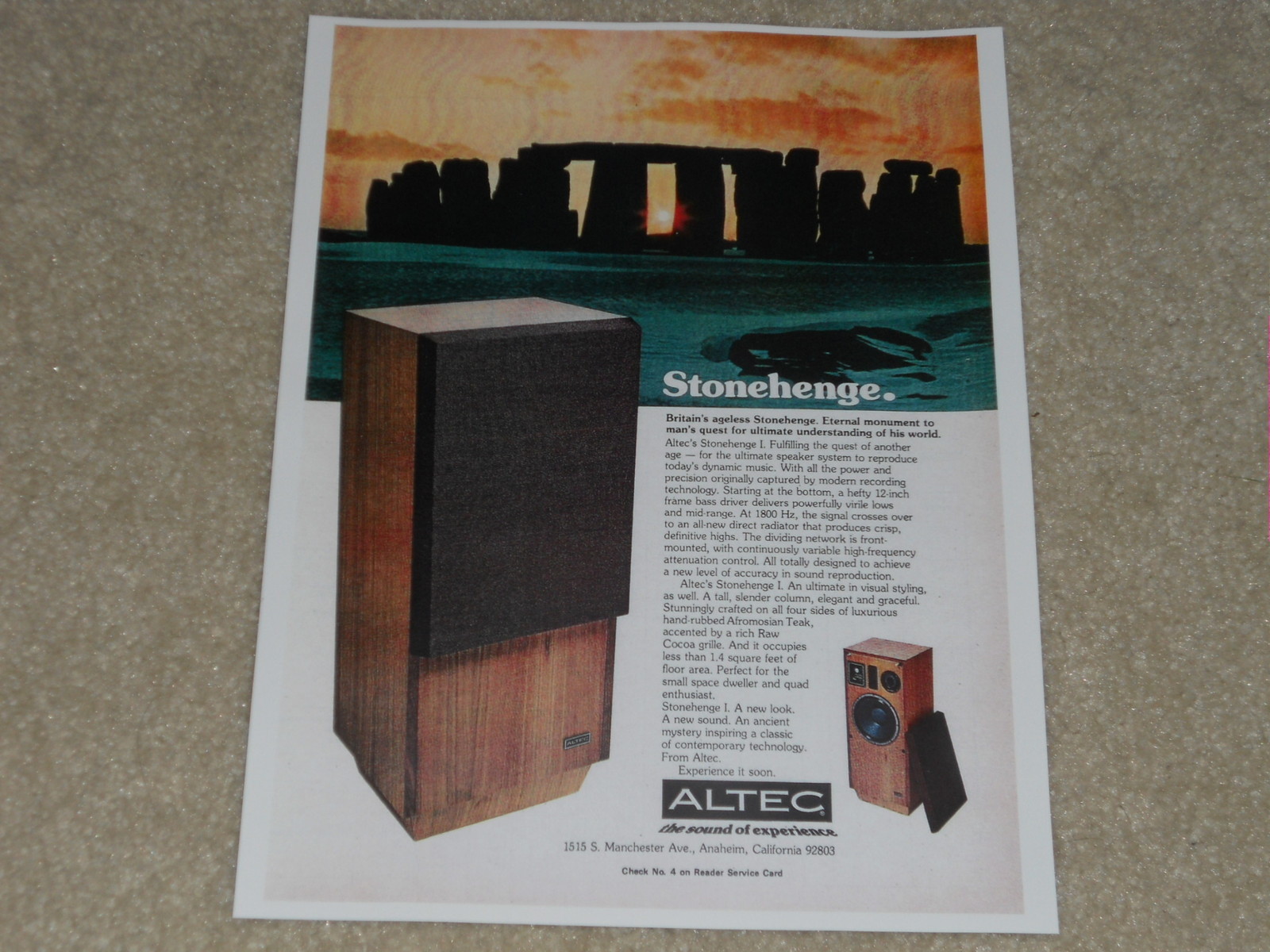 Altec Lansing Stonehenge 1972 Speaker Ad, 1 page, Article, Info