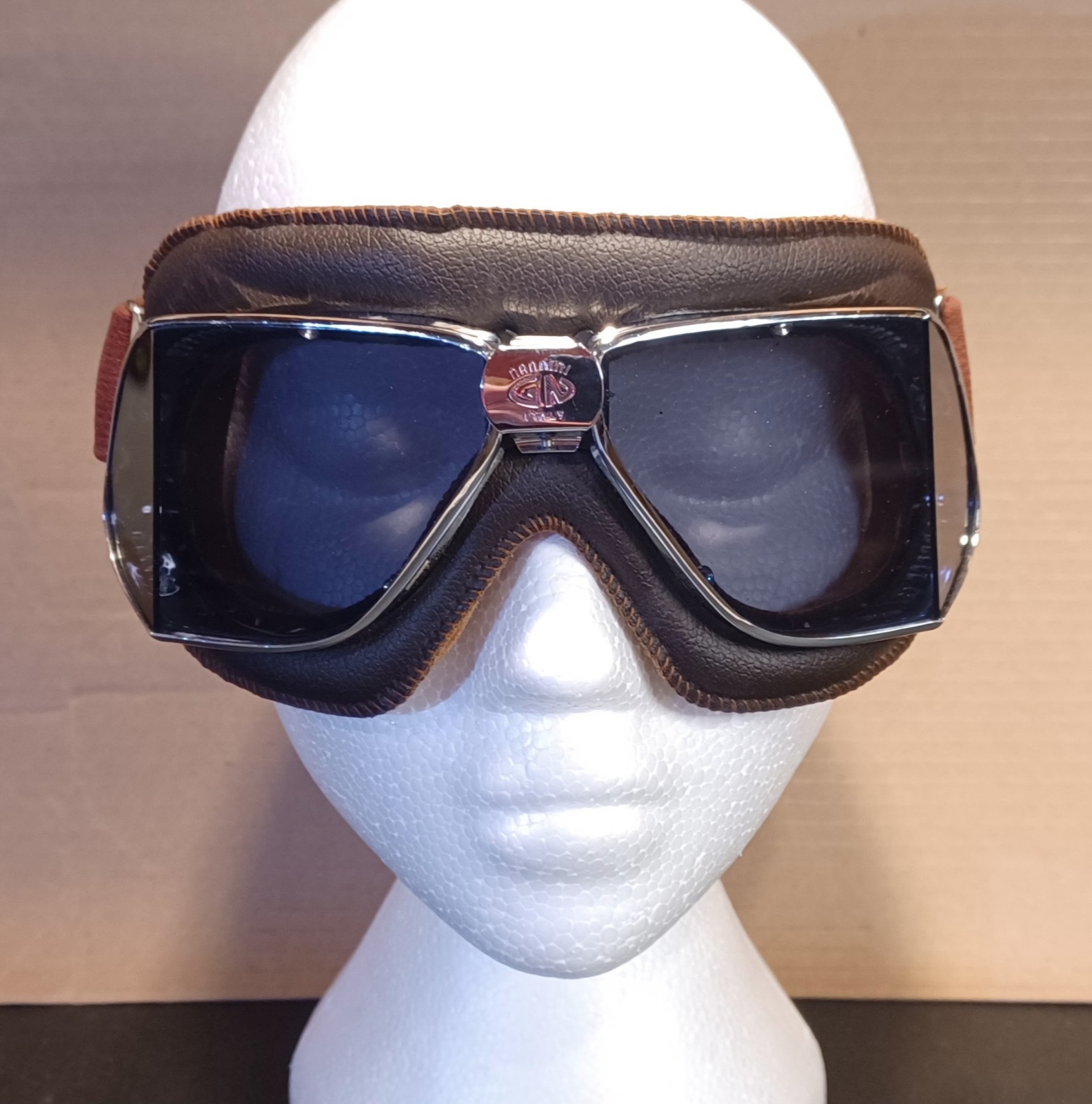 Nannini Roadster Roaring 20's Bike Goggles Italy Brown Pdded Frame Smoke Lens -Q