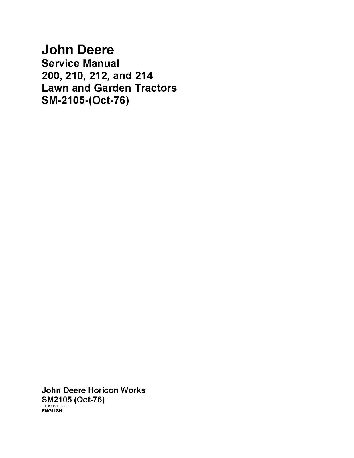 John Deere 200 210 212 214 Lawn Garden Tractor Repair Service Shop Manual