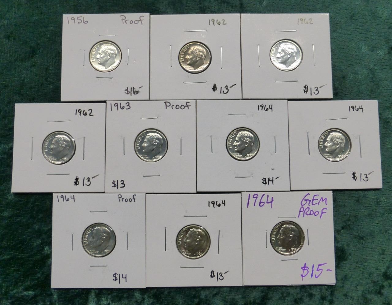 10 Proof Roosevelt Silver Dimes, USA 10C Silver Coins, 1956, 1962, 1963, 1964