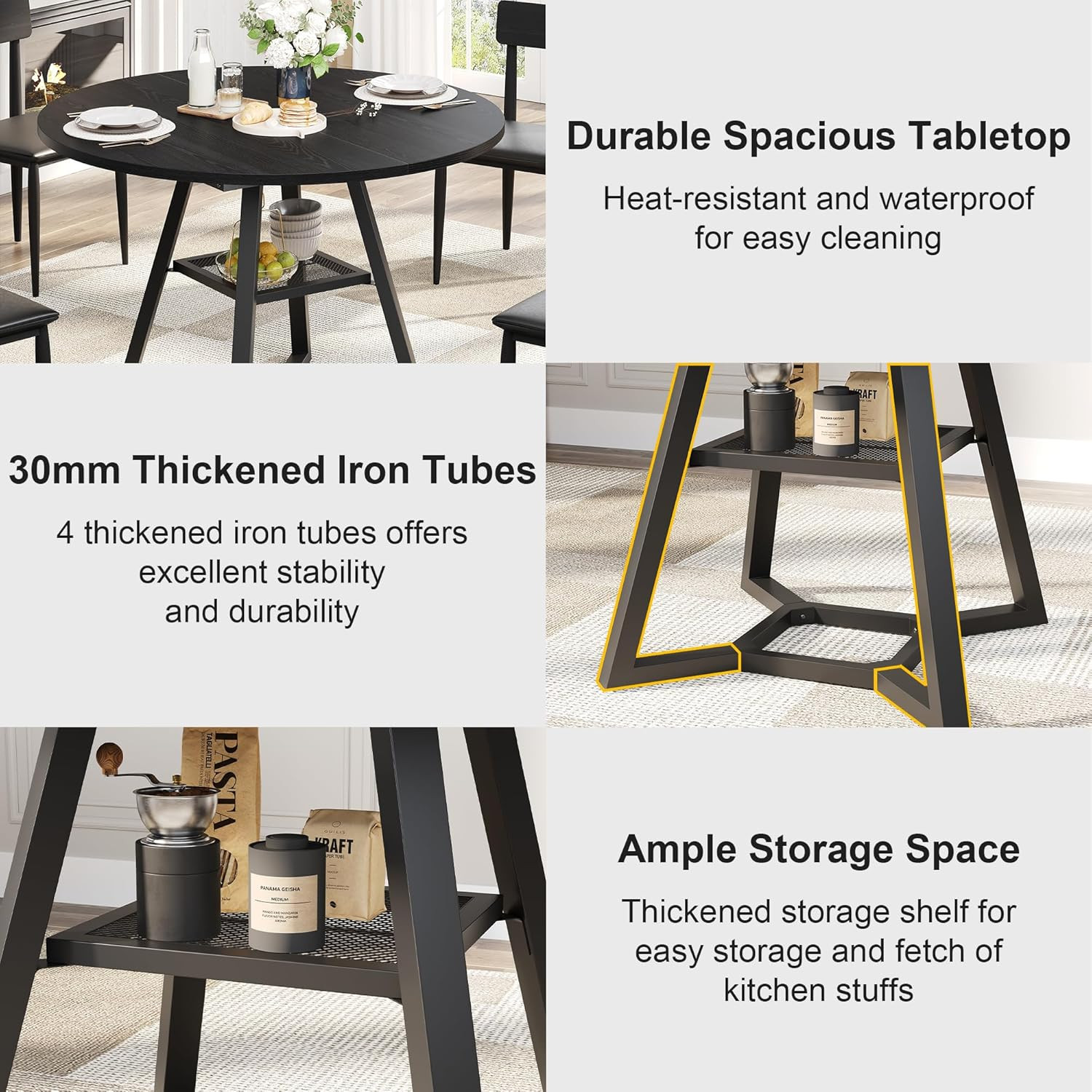 43" Round Dining Table for 4 - Space-Saving Black Wood & Metal Design