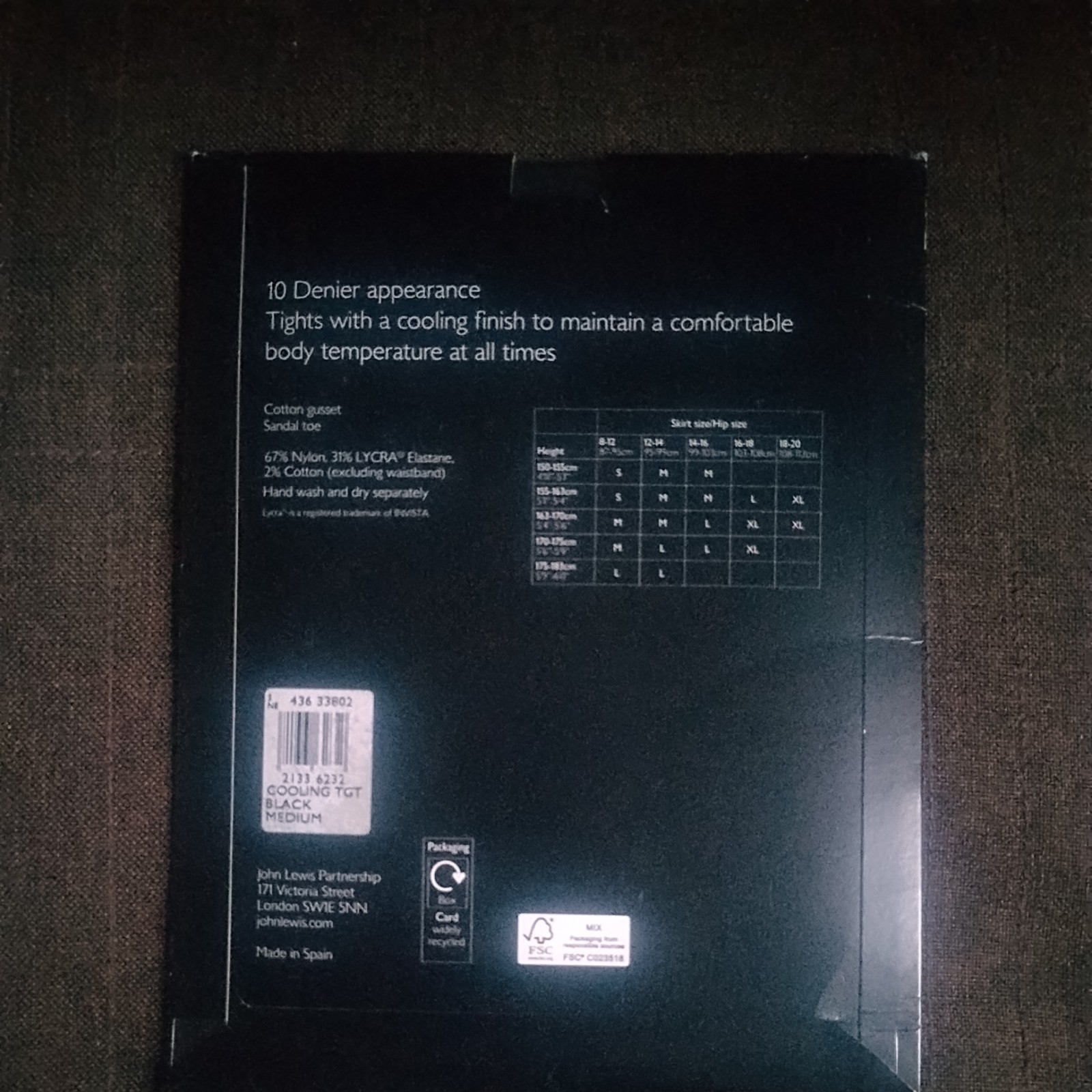John Lewis 10 Den Bare Cooling Tights, Size Medium in Black