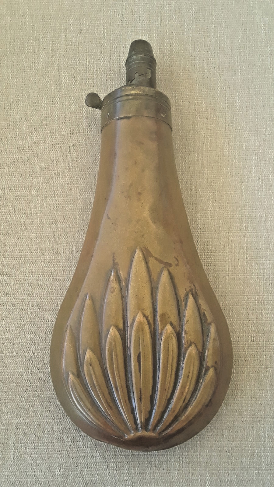 Antique Copper & Brass Black Powder Flask – Floral Shell Embossed.