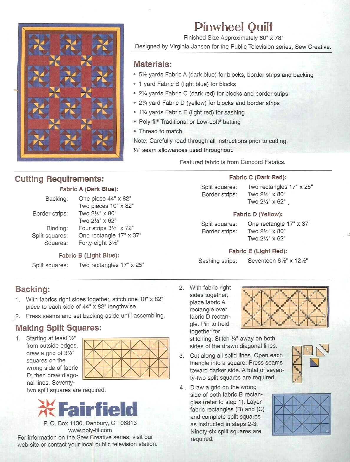 Fairfiled Pinwheel Quilt Pattern 60" x 78" Jansen Sew Creative Concord Fabric