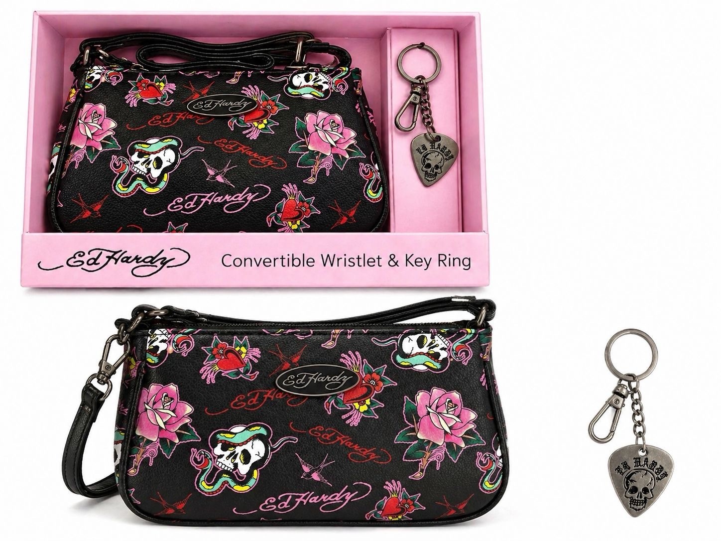 Ed Hardy Black Floral Skull Tattoo Faux Leather 2-Piece Accessory Set