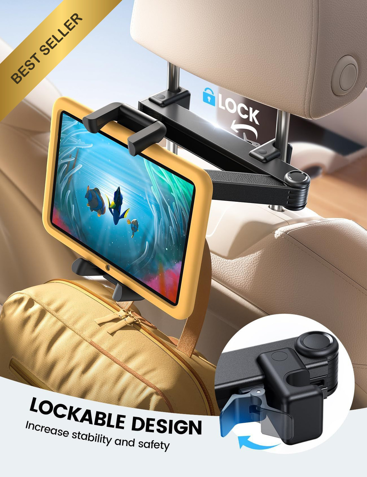 Lamicall Car Headrest Tablet Holder - [Lockable] 4.7-13" Tablets, Black
